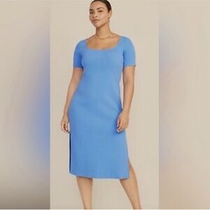 NWT Old Navy Blue Beachy Ribbed Fitted Midi Dress Scoop Short Sleeve Petite L